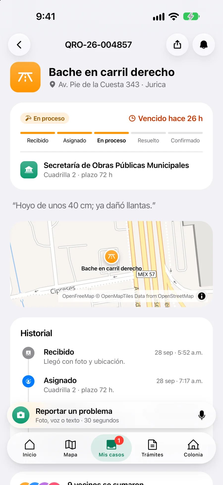 Caso asignado a la Secretaría de Obras Públicas con plazo