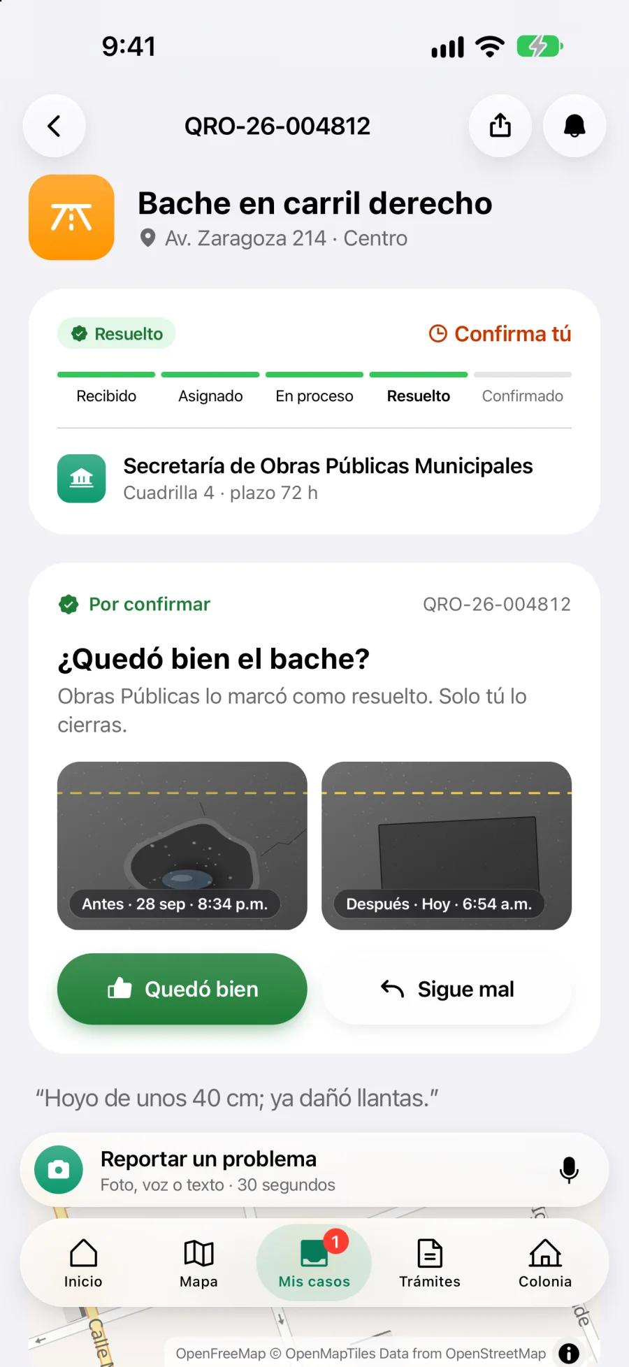 ¿Quedó bien el bache? con fotos de antes y después