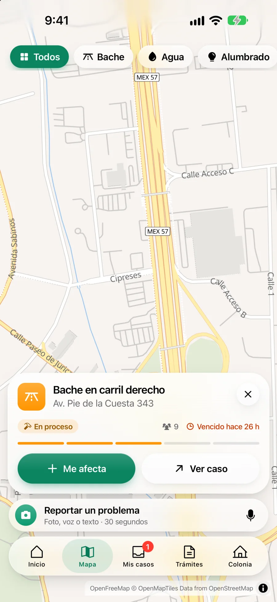 Mapa con el reporte en proceso y vecinos sumados