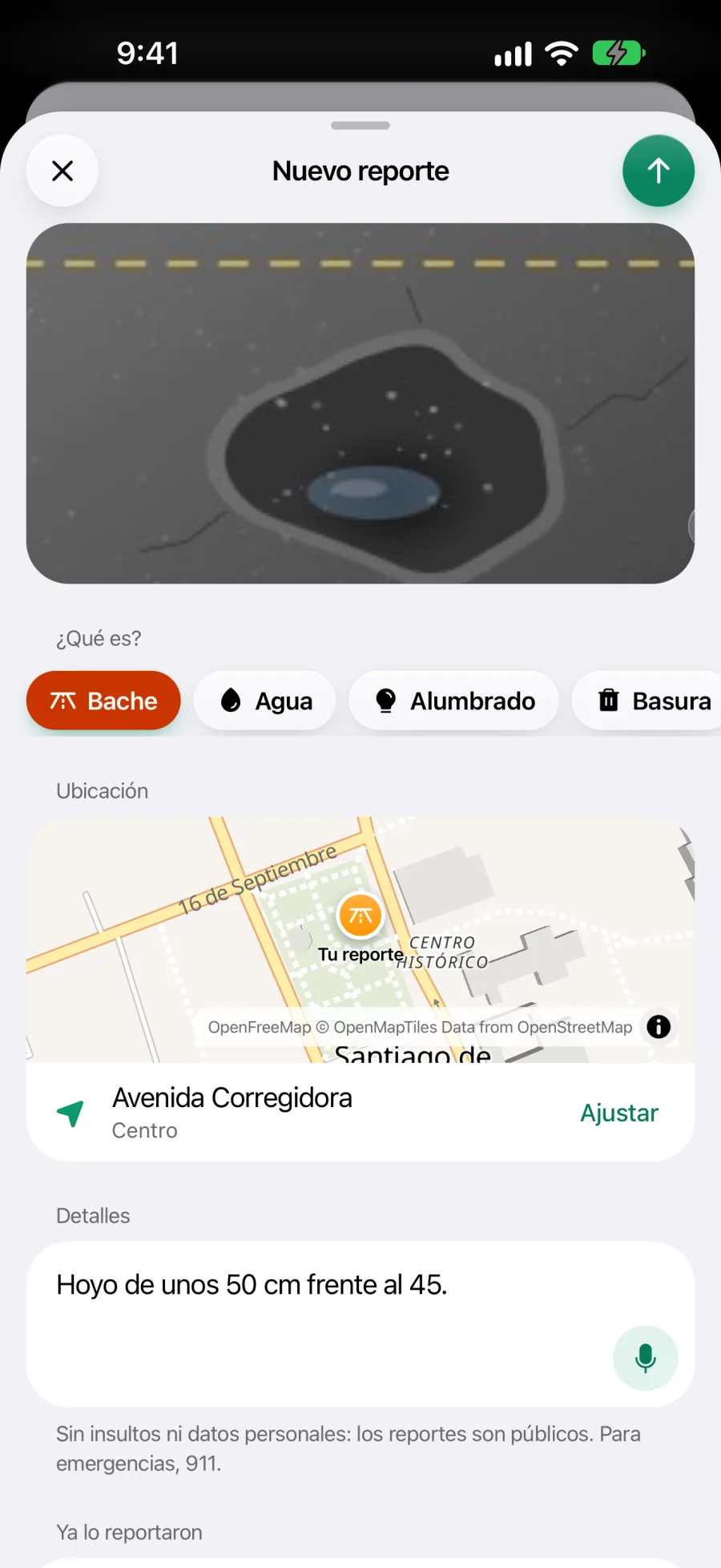 Nuevo reporte con foto del bache, categoría y ubicación