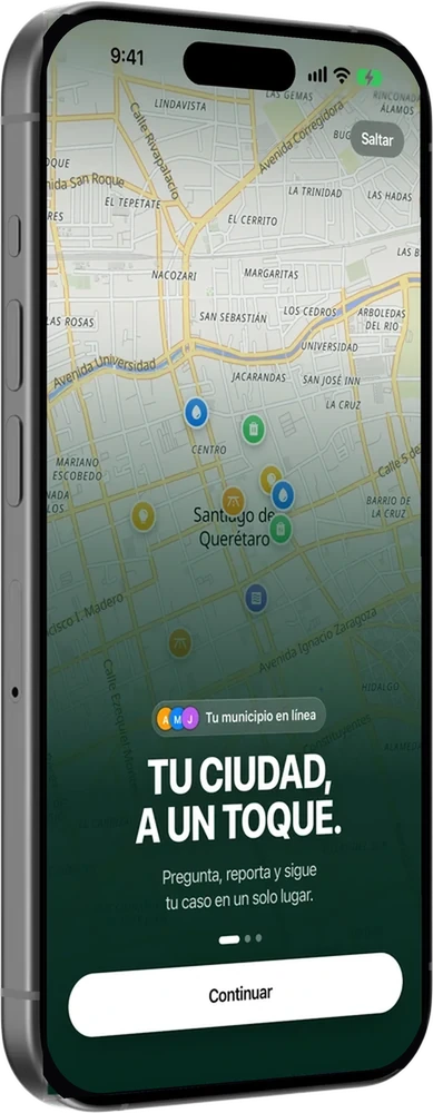 iPhone con la bienvenida de Mi Municipio sobre el mapa de Querétaro